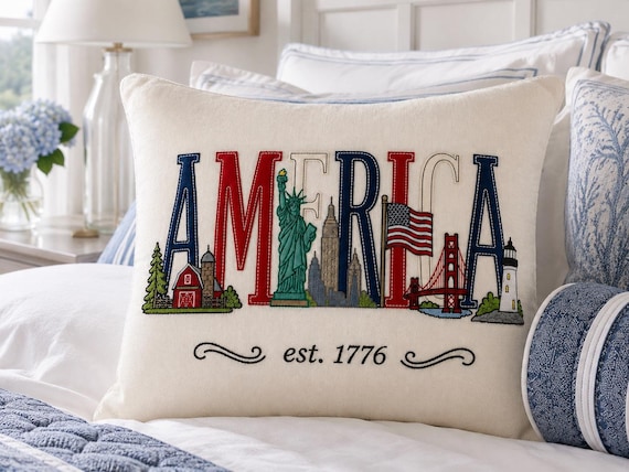 Embroidered USA Patriotic pillow - Land of the Free with landmarks