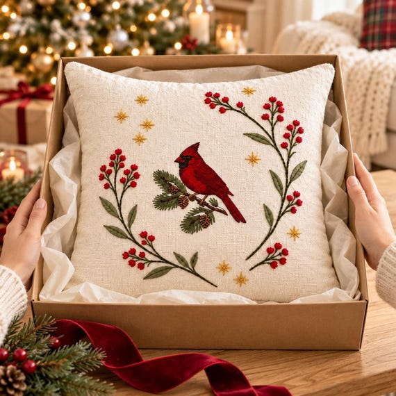 Cardinal Pillow 18 x 18, Christmas Cushion with Feather Insert