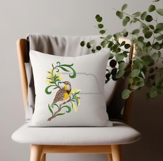 Nebraska Western Meadowlark and Goldenrod Medley. Embroidered with feather insert