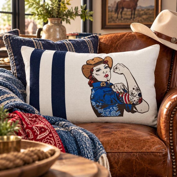 Embroidered Lumbar Pillow, 24 x 16 Western Cowgirl Design with Feather Insert
