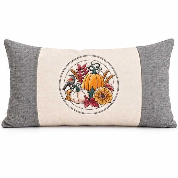 Autumn Robin Pillow, 24 x 16 Embroidered Lumbar in Gray and Cream
