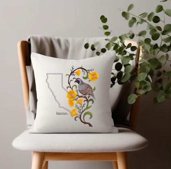 California Quail and Poppy Medley. Embroidered with feather insert