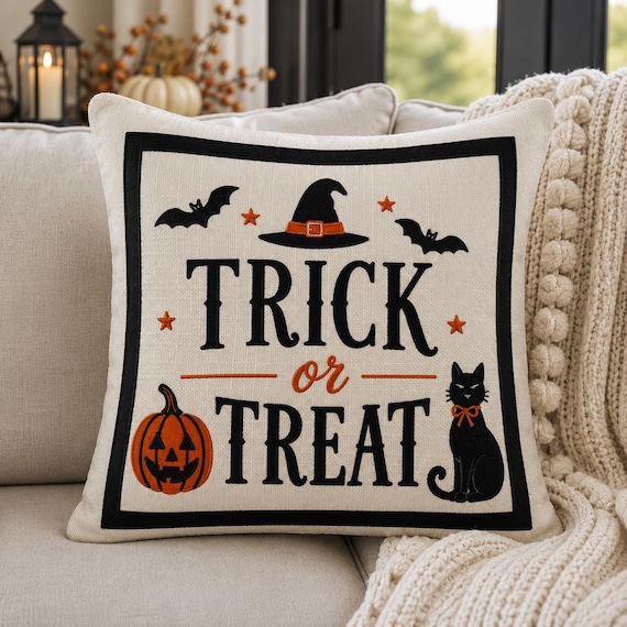 Halloween Pillow - Trick or Treat Embroidered Decorative Cushion