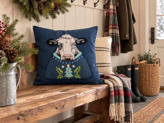 Cow Pillow, Navy Blue 18 Inch Embroidered Holiday Cushion with Feather Insert