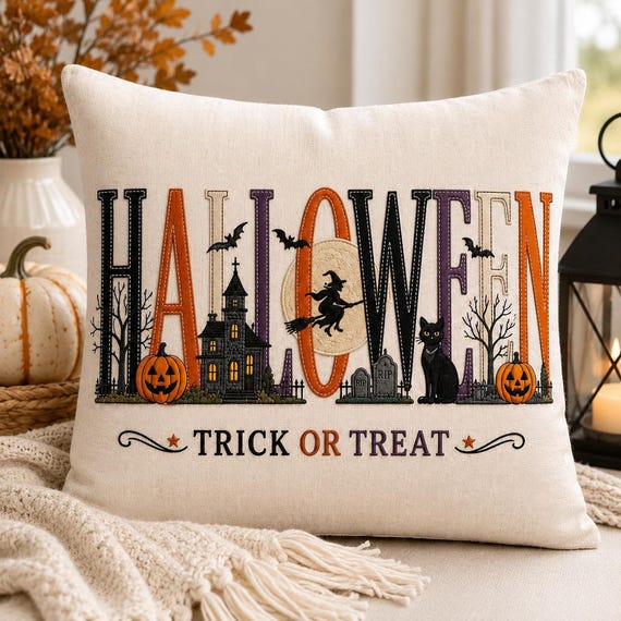 Embroidered Halloween Pillow with Trick or Treat Design, Spooky Home Decor