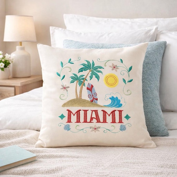 Miami Decorative Throw pillow - Coastal Embroidered Accent pillow