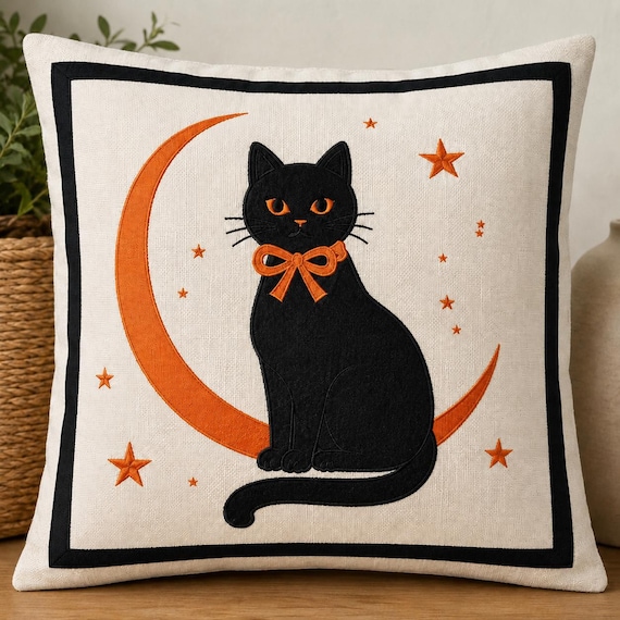 Embroidered Black Cat Pillow with Moon and Stars - Cozy Fall Accent