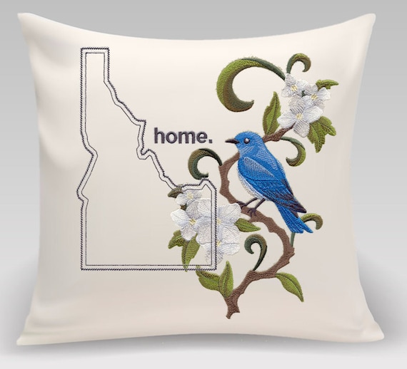 Idaho Embroidered  Mountain Bluebird and Syringa Flower Medley -Home decor-Housewarming gift - Wedding gift