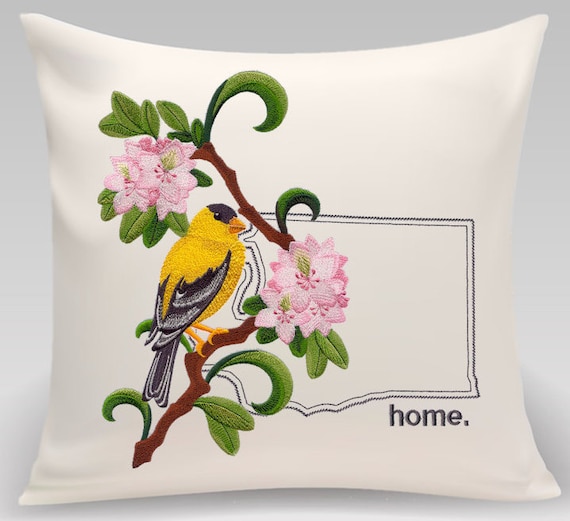 Washington Willow Goldfinch and Rhododendron Medley. Embroidered with feather insert