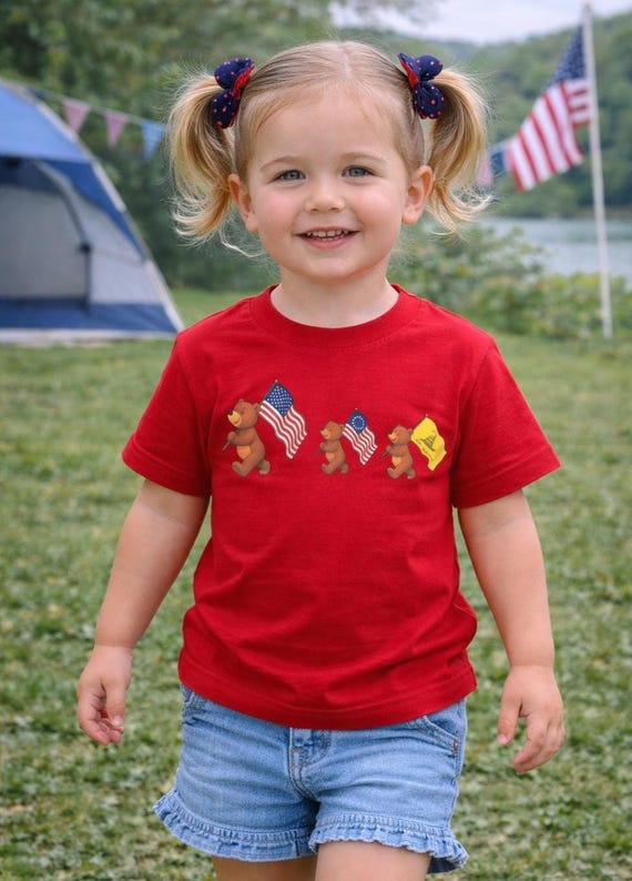 America kids 4th of July tee shirt - Liberty Bear Parade - Patriotic Flags