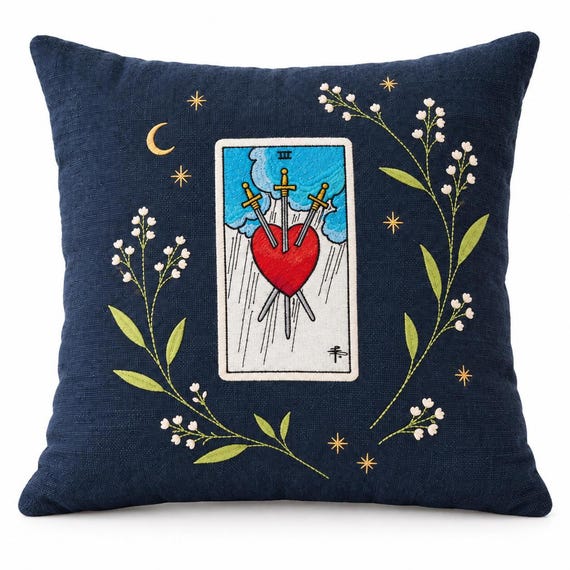 Tarot Room Decor Pillow, Embroidered Three of Swords Design - 18 x 18 Inch