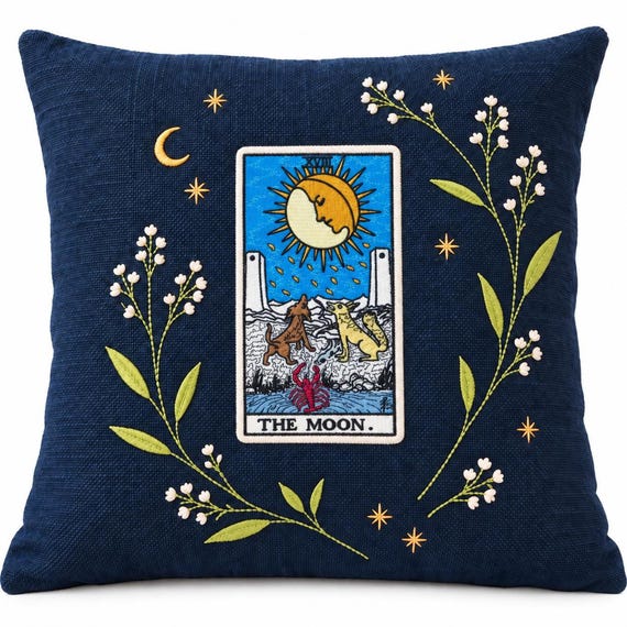 Tarot Pillow, Navy Embroidered Cushion - 18 x 18 Inch Home Decor