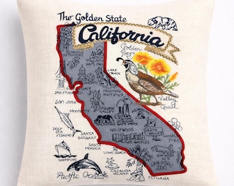 Embroidered California postcard map pillow handcrafted showcasing Golden State charm with feather insert