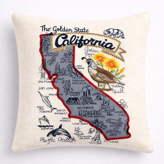 Embroidered California postcard map pillow handcrafted showcasing Golden State charm with feather insert