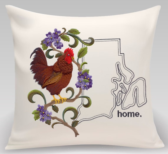 Embroidered Rhode Island Pillow, Chicken and Violet Design