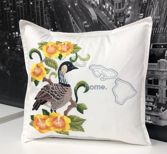 Hawaii Nene and Hibiscus Medley. Embroidered with feather insert