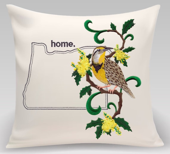 Oregon Western Meadowlark and Oregon Grape Medley. Embroidered with feather insert