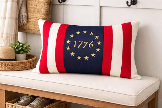 Embroidered handcrafted American 1776 flag pillow with feather insert