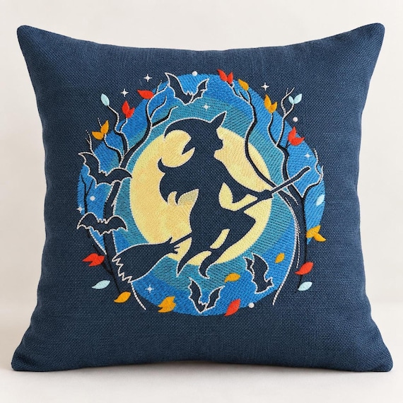 Halloween Pillow, Embroidered 18 x 18 Inch Witch Broom Design