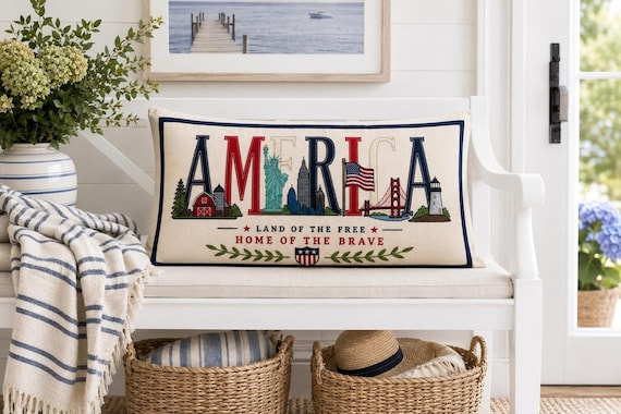 Embroidered Patriotic Pillow, USA Land of the Free Design with Iconic Landmarks