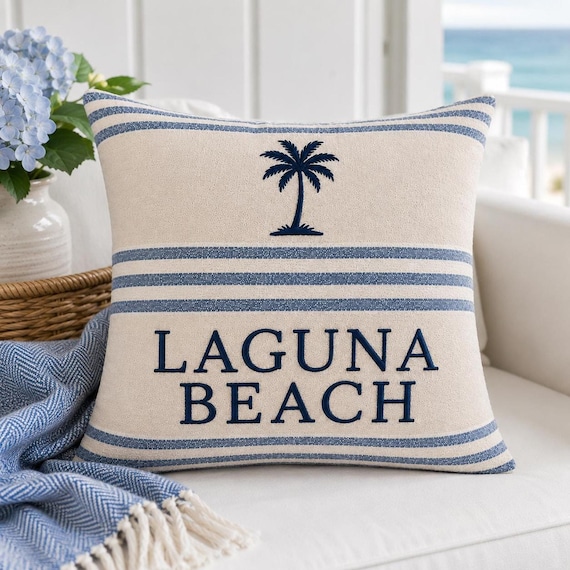 Embroidered Beach Pillow with Laguna Design, Add your custom location, Nautical 18 x 18
