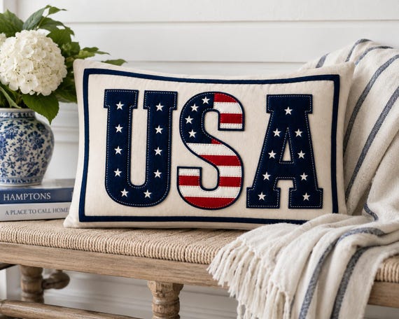 USA Patriotic Embroidered Pillow, Red, White and Blue Americana, Applique Felt letters