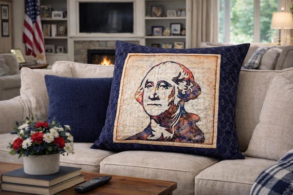 President George Washington Patriotic quilted pillow in vintage style to celebrate the 250th anniversary