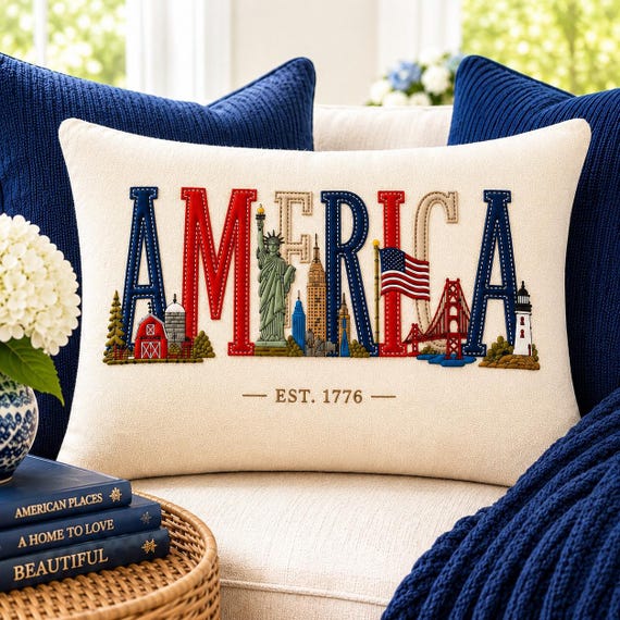 Embroidered USA Patriotic pillow - Land of the Free with landmarks