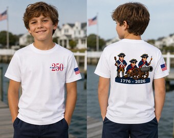 America 250 youth patriotic anniversary tee with cool canon guys