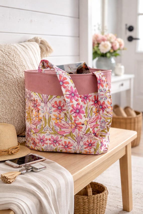 Embroidered Personalized tote with interior pockets, Teacher Gift, Beach bag, Monogrammed Floral casual