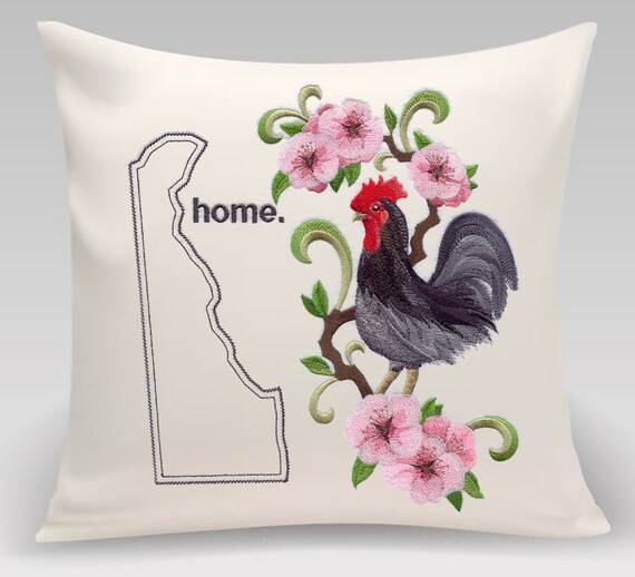 Delaware Blue Hen Chicken and Peach Blossom. Embroidered with feather insert