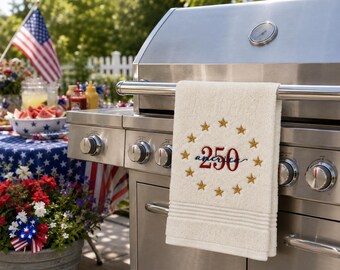America 250 Embroidered Hand Towel - USA anniversary decor. Personalization optional