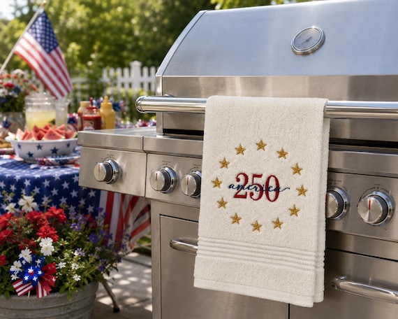 America 250 Embroidered Hand Towel - USA anniversary decor. Personalization optional