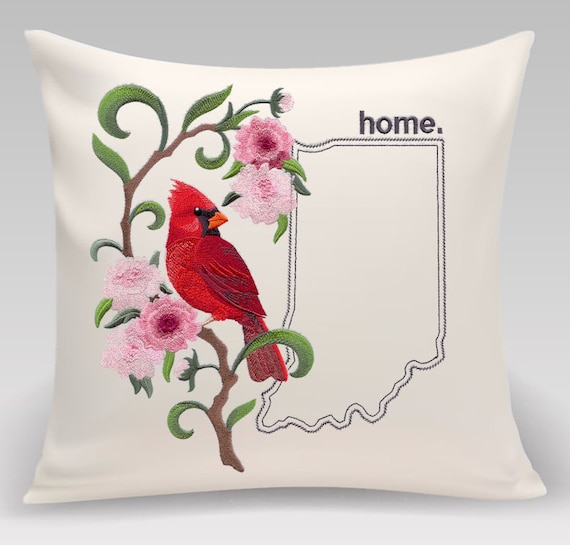 Indiana Cardinal & Peony Medley. Embroidered with feather insert