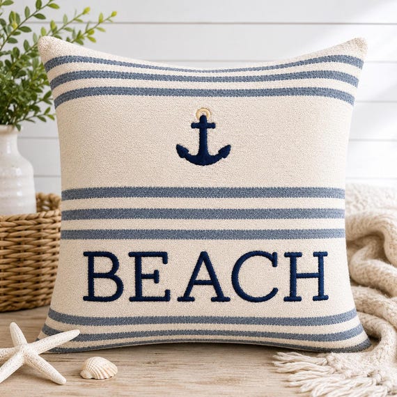 Embroidered Beach Pillow, Coastal Charm with Nautical Design, 18 x 18