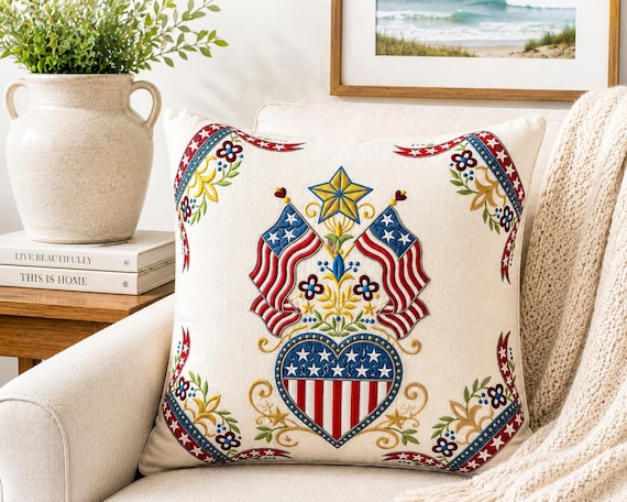 Patriotic Pillow - Americana embroidered - Fourth of July decor - Folk art USA flag