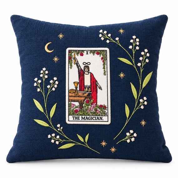 Tarot Card Pillow, Embroidered The Magician Design - Navy 18 Inch