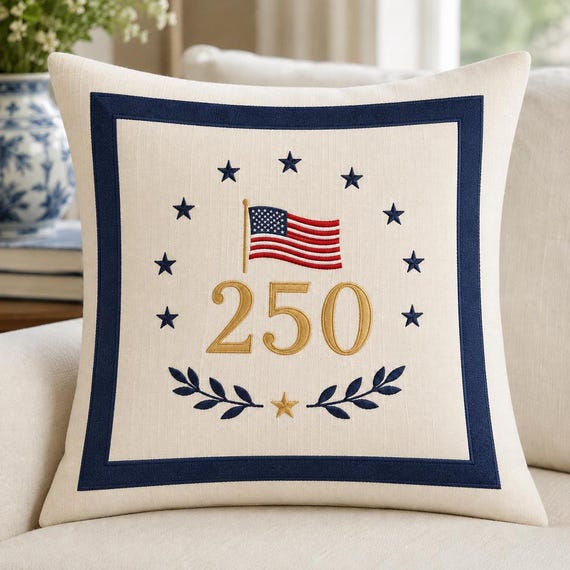 Patriotic Pillow with Embroidered 250 Design, Americana Home Decor