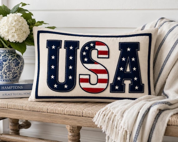 USA Pillow, Patriotic Embroidered Accent Cushion with Applique Design