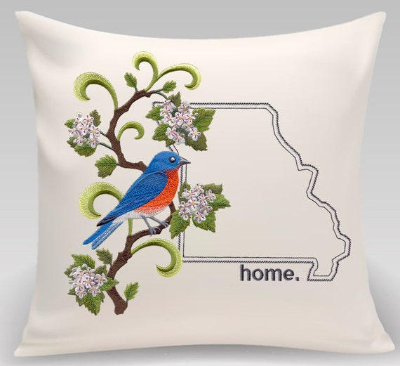 Missouri Eastern Bluebird and Hawthorn Medley. Embroidered with feather insert