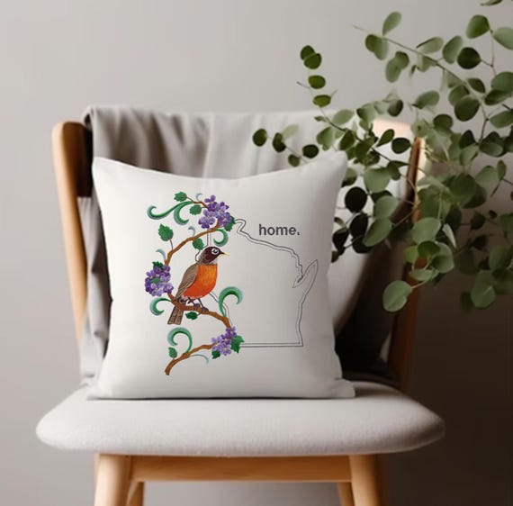 Wisconsin Robin and Wood Violet Medley. Embroidered with feather insert