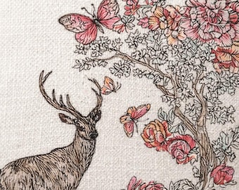 Embroidered Floral deer pillow p- Rustic cottage throw decor, neutral decor