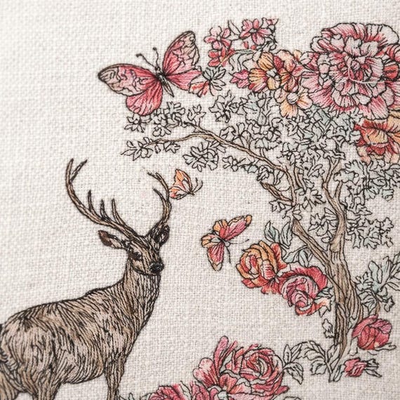 Embroidered Floral deer pillow p- Rustic cottage throw decor, neutral decor