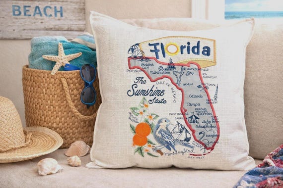 Florida Embroidered Pillow | Sunshine State decorative throw cushion