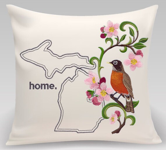 Michigan Robin and Apple Blossom Medley. Embroidered with feather insert