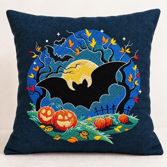 Halloween Pillow, Embroidered 18-Inch Design with Feather Insert