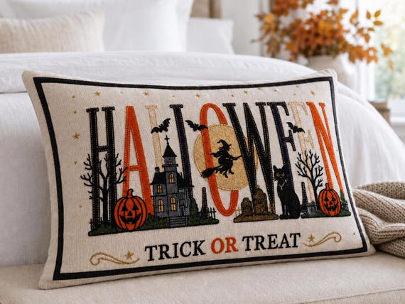Halloween Pillow, Embroidered Trick Or Treat Design, 26 x 18 Inch Bench Decor