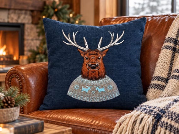 Embroidered Elk Pillow, 18 x 18 Holiday Design with Feather Insert