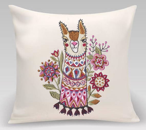 Cute llama pillow- Embroidered Decorative pillow- 16 x 16 with feather insert