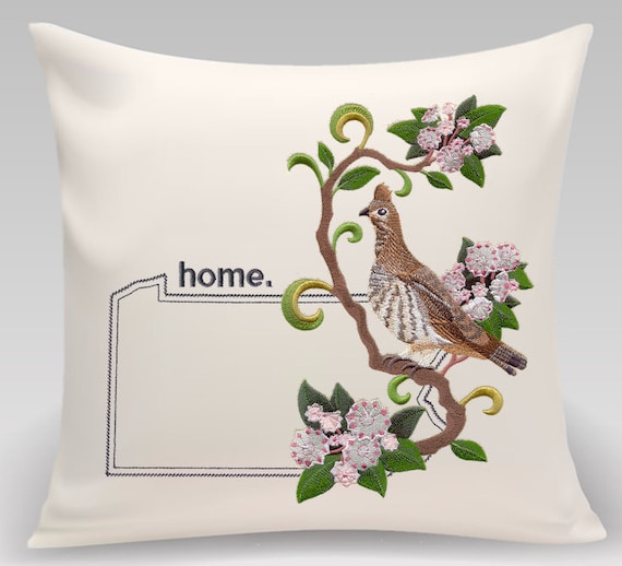 Pennsylvania Ruffed Grouse and Mountain Laurel Medley. Embroidered with feather insert